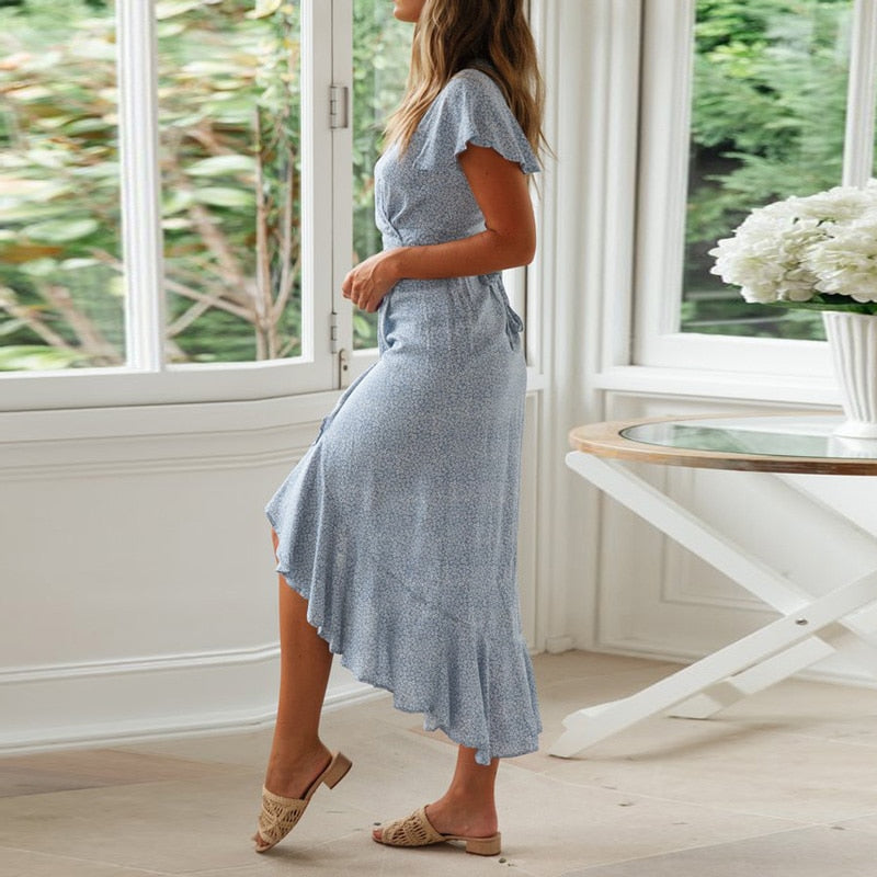 Summer boho floral print maxi dress by The Clothing Company Sydney featuring V-neck, ruffles, high slit, and wrap style.