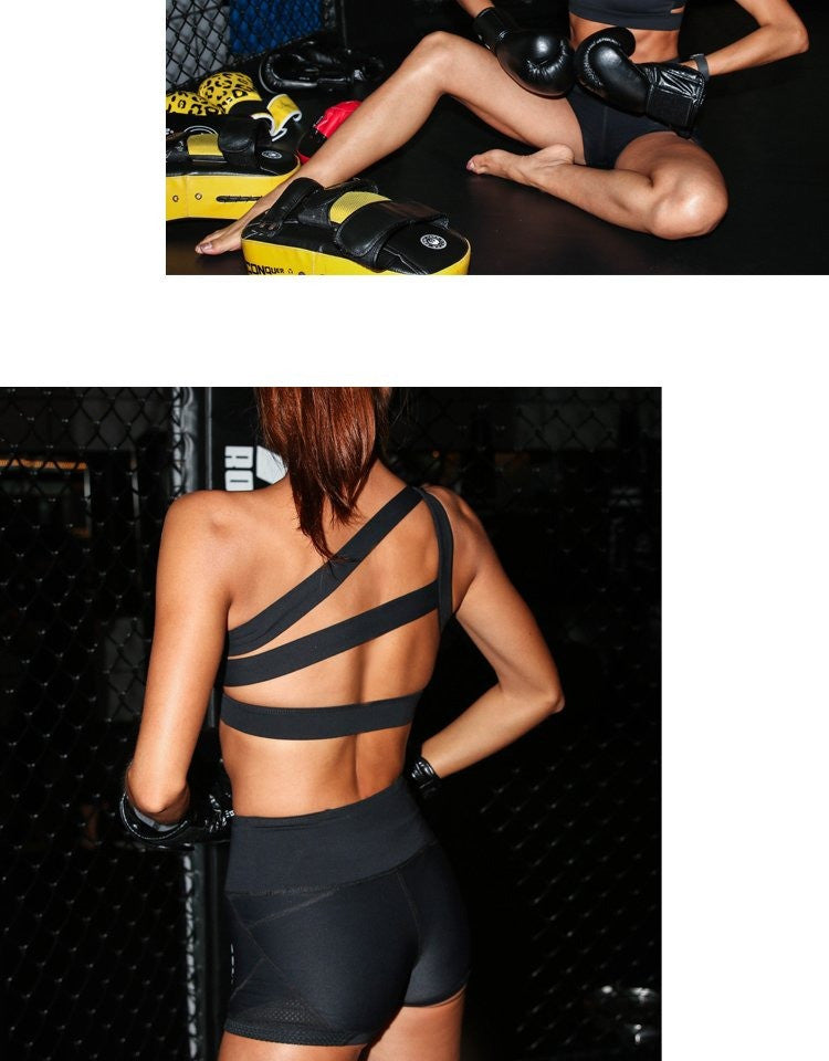 Oblique One Shoulder Strap Ladies Sports Bra Hollow out Back Lines Strenuous Exercise fitness bra Tops The Clothing Company Sydney