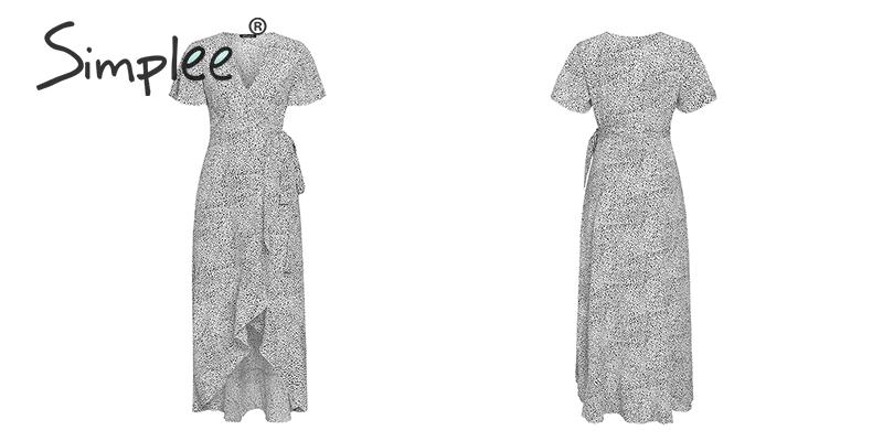Leopard print party dress with V-neck, short sleeves, wrap style, lace detailing, ruffled belt, and elegant split design.