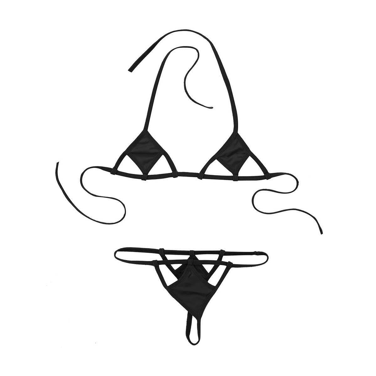 Two-piece mini micro bikini set featuring halter neck, self-tie bra top, and G-string briefs, from The Clothing Company Sydney.
