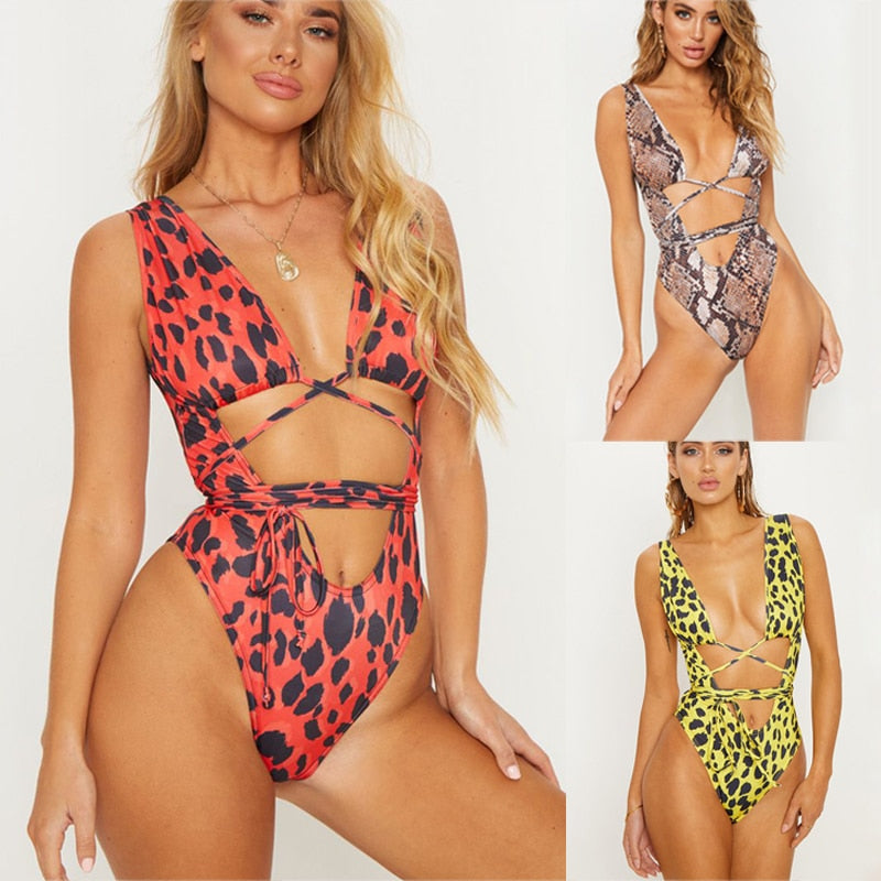 Leopard print summer one-piece swimsuit with bandage design, push-up padded bikini swimwear by The Clothing Company Sydney.