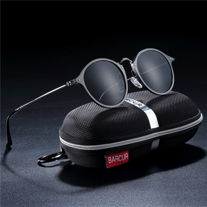 Aluminum magnesium vintage sunglasses for men and women with polarized round lenses, retro eyewear style.