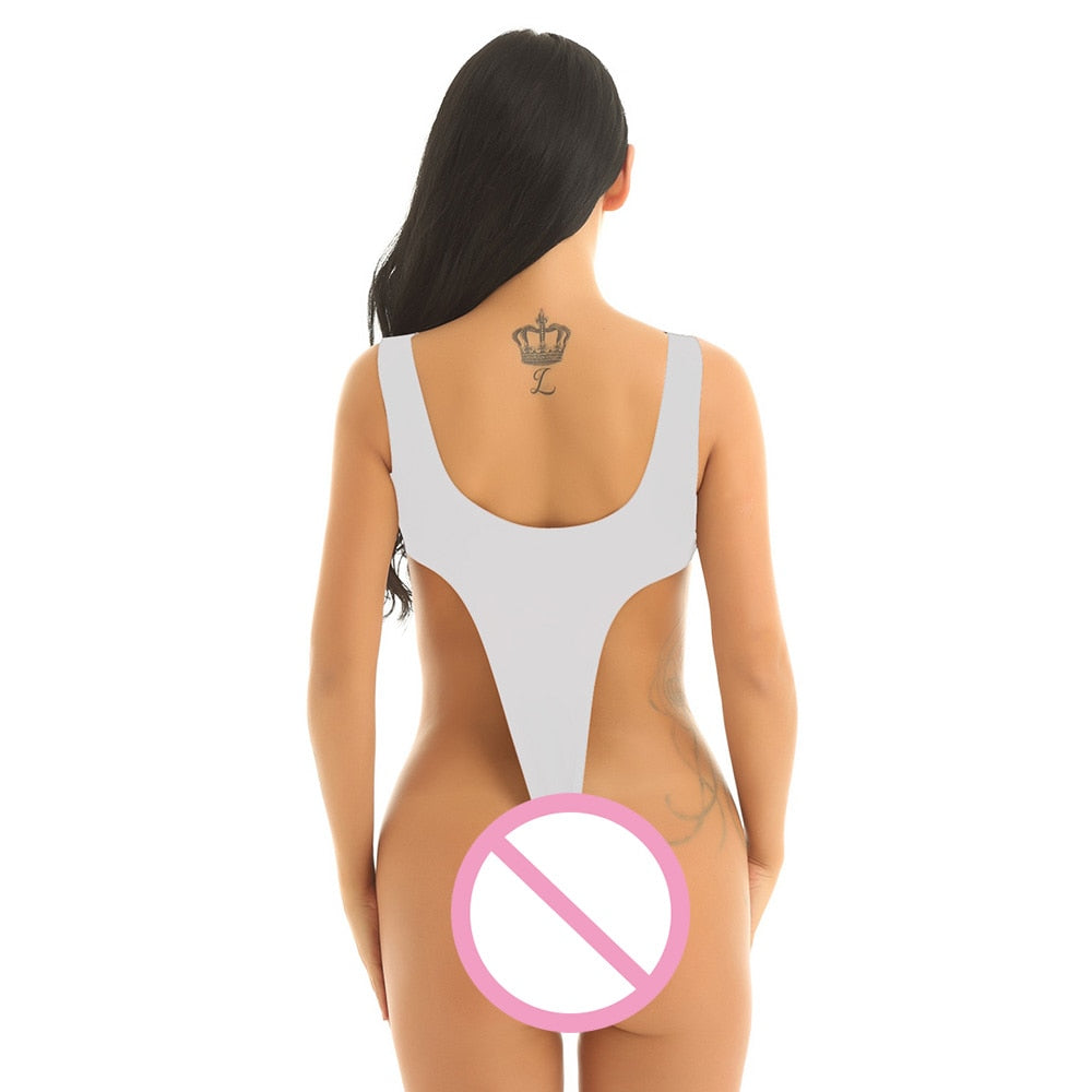 High-cut one-piece swimsuit by The Clothing Company Sydney featuring a deep scoop neck, see-through fabric, and thong design.