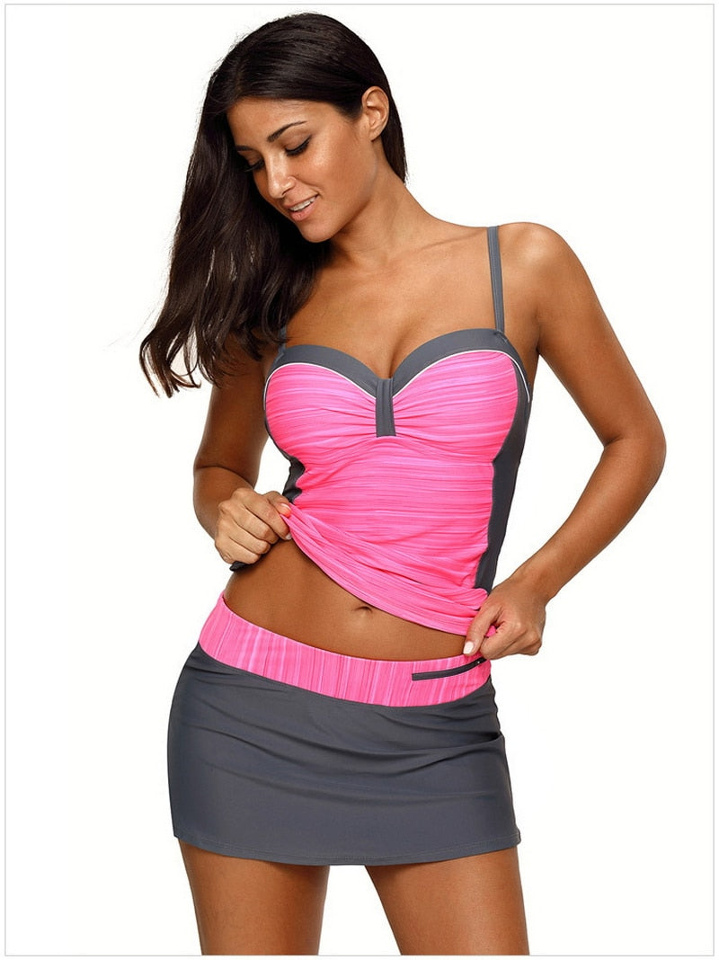 Plus size 2-piece underwire support tankini swimsuit with skirted pocket bottoms, ideal for beachwear and swimwear by The Clothing Company Sydney