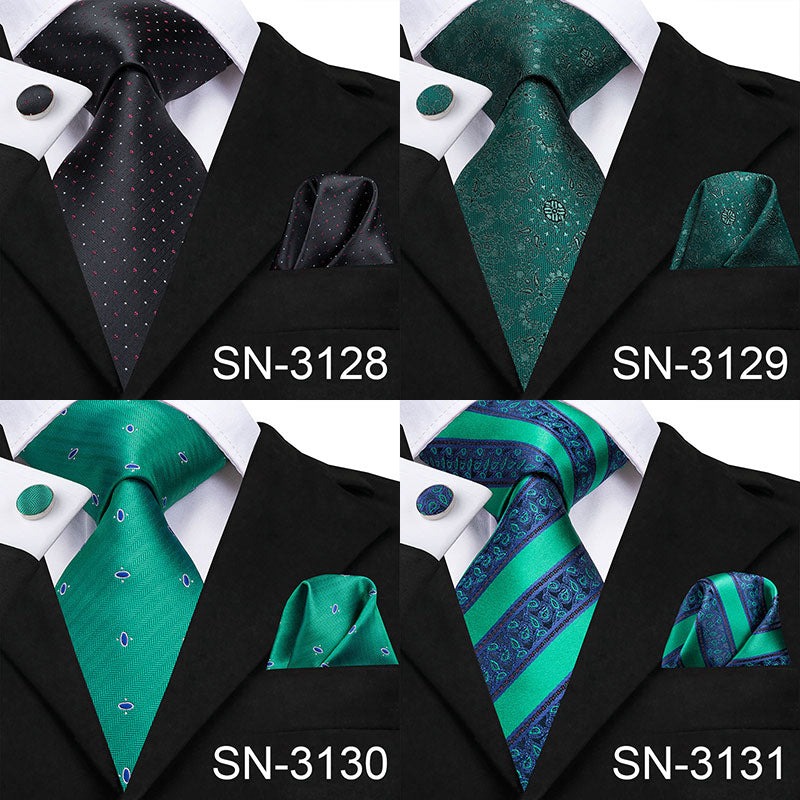 Light blue silk men's tie set includes plaid necktie, matching pocket square, and cufflinks, perfect for business or wedding attire.