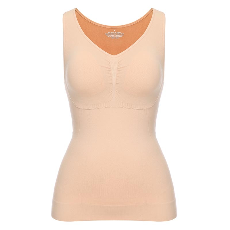 Shapewear tank top by The Clothing Company Sydney featuring built-in bra, wide straps, sleeveless design, and removable bra padding.