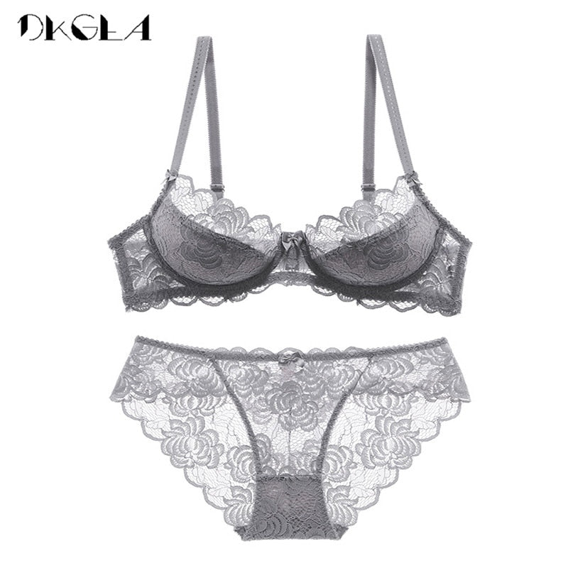 Gray lace embroidery plus size transparent bra set with hollow ultrathin underwear, featuring C and D cup bras from The Clothing Company Sydney.