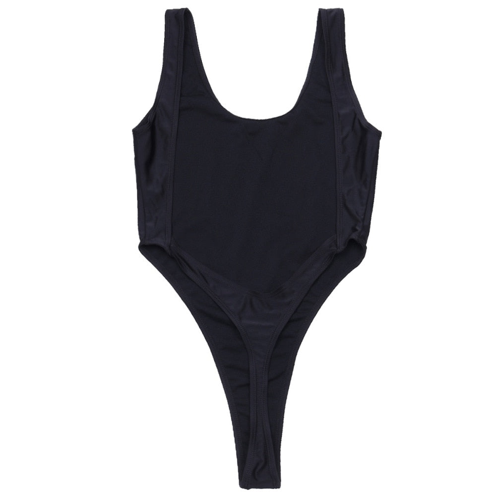 Black one-piece swimsuit for women featuring a high cut, backless design, thong style, and solid color from The Clothing Company Sydney.