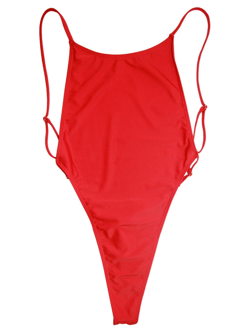Backless high-leg one-piece swimsuit by The Clothing Company Sydney featuring thong style, Brazilian cut, and sleek swimwear design.