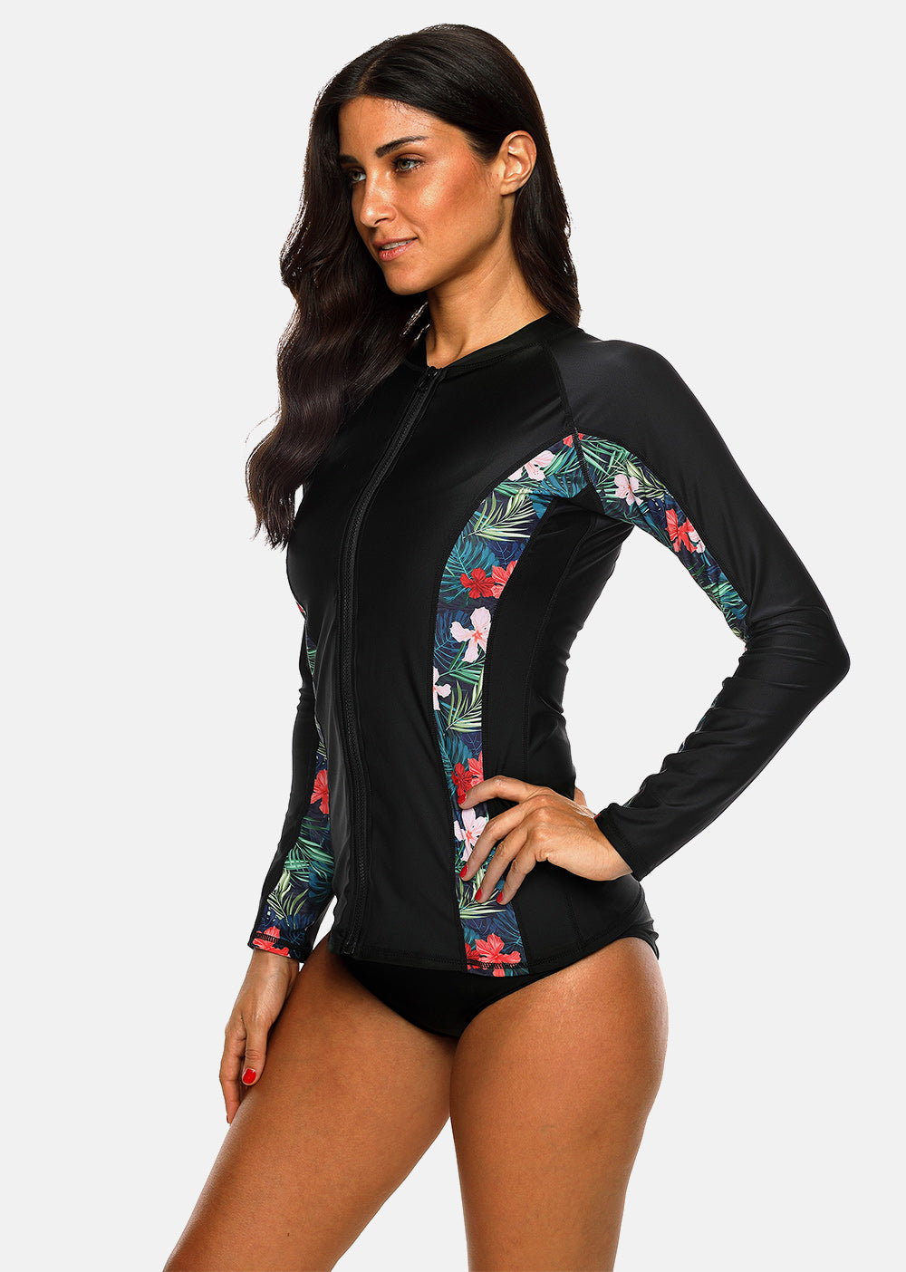 Women's floral print long sleeve rashguard swimsuit by The Clothing Company Sydney, with UPF50+ sun protection, suitable for surfing and running.