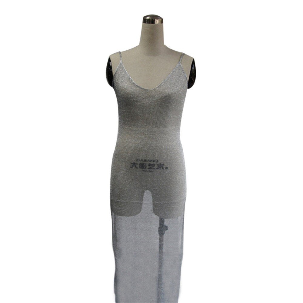 Sheer net mesh knitted glitter tunic beach cover-up from The Clothing Company Sydney, showing a long, stylish beachwear dress.