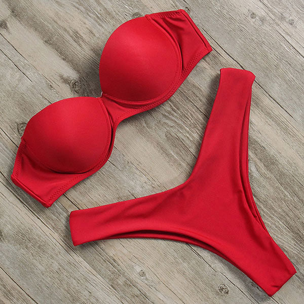 Two-piece bandeau bikini swimwear for women with ruffle design, leopard print, push-up style, by The Clothing Company Sydney.