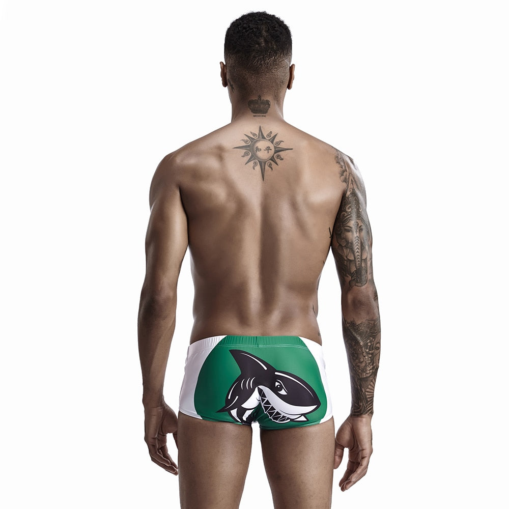 Men's shark pattern swimming shorts by The Clothing Company Sydney, quick-dry swim trunks for beach and surfing activities