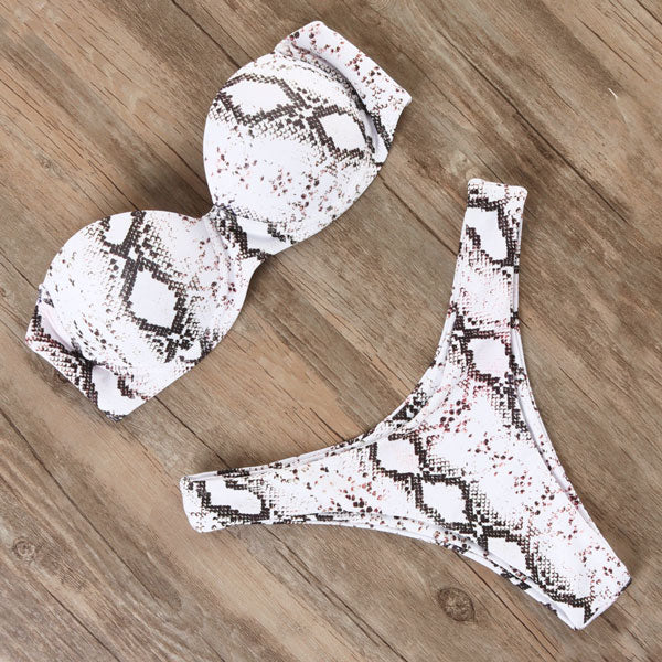 Brazilian leopard print bandeau bikini set with ruffles and push-up design, perfect for women’s swimwear from The Clothing Company Sydney.