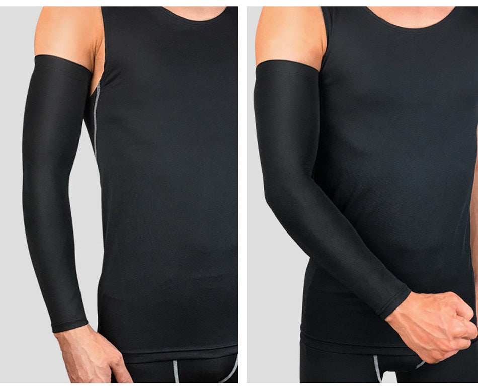 Sports arm compression sleeve with UV protection, ideal for basketball, cycling, golf, and running, by The Clothing Company Sydney.