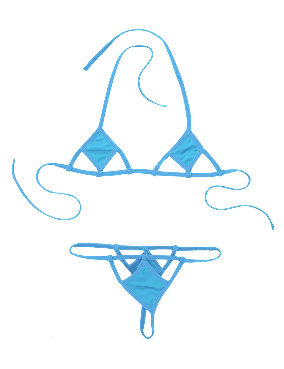 Two-piece micro bikini set with halter neck, self-tie top, and G-string briefs, designed for swimming and beachwear by The Clothing Company Sydney.