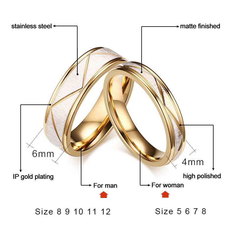 Matte gold stainless steel wedding rings for men and women, engraved couple bands, from The Clothing Company Sydney.