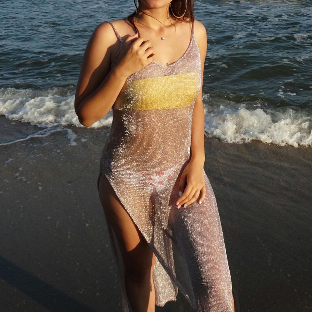 Sheer net mesh glitter tunic beach cover-up by The Clothing Company Sydney, featuring a long, lightweight beach dress.