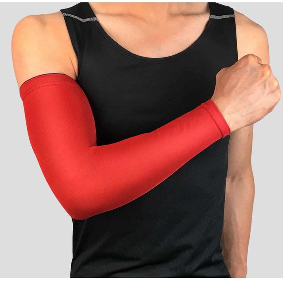 Sports arm compression sleeve by The Clothing Company Sydney, ideal for basketball, cycling, golf, running, and UV protection.