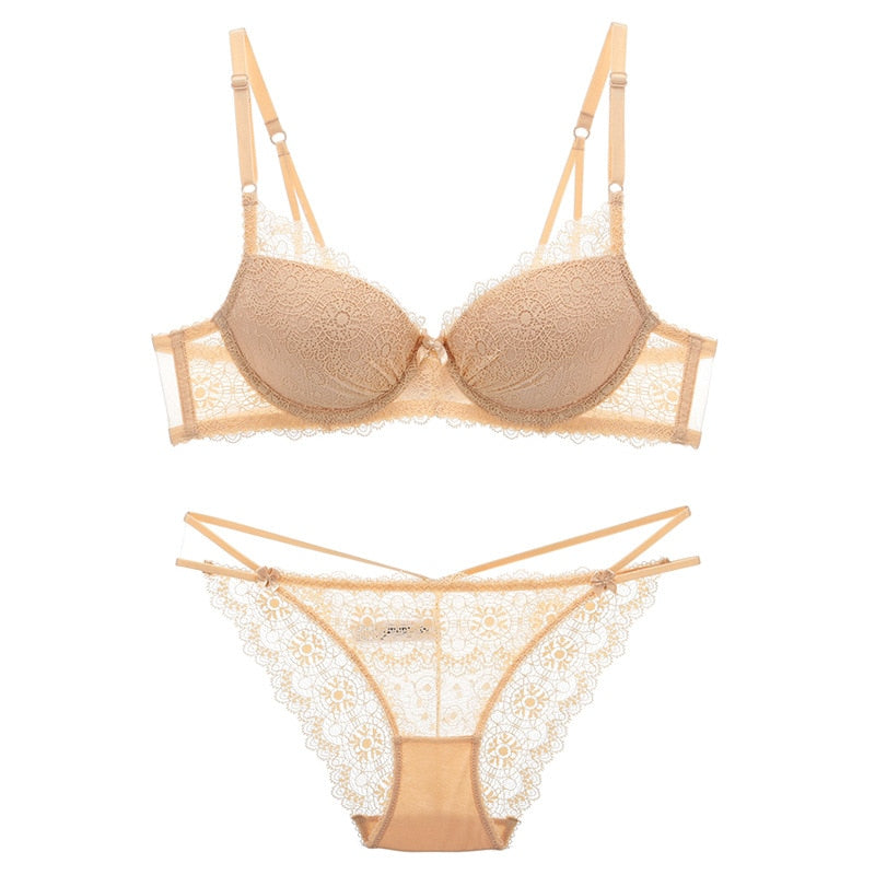 Summer female deep V lace push-up bra set by The Clothing Company Sydney, featuring sexy lace lingerie with supportive push-up design.