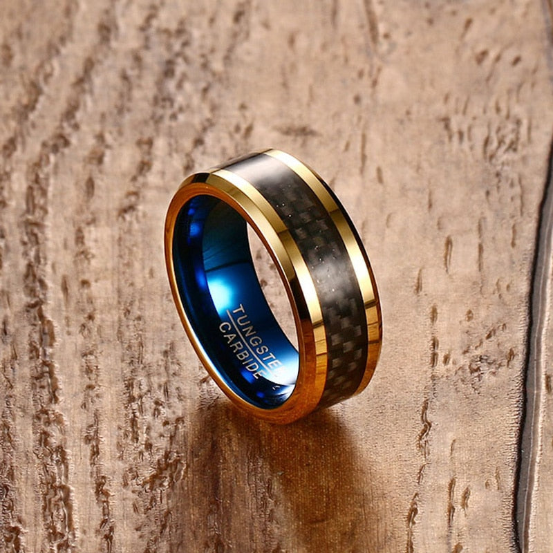 Blue tungsten carbide ring for men with black carbon fiber design, scratch-resistant jewelry from Vnox by The Clothing Company Sydney