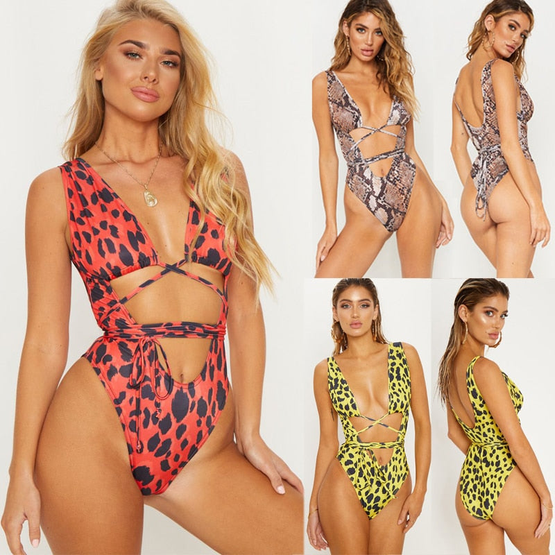 Serpentine leopard print one-piece swimsuit by The Clothing Company Sydney featuring bandage design, push-up padding, and swimwear style.