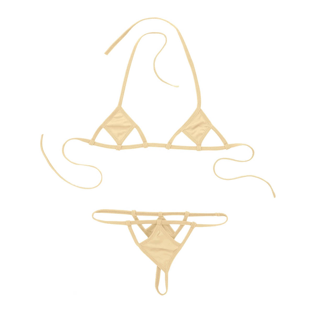 Two-piece micro bikini swimsuit by The Clothing Company Sydney with halter neck, self-tie top and G-string briefs in vibrant swimwear style.