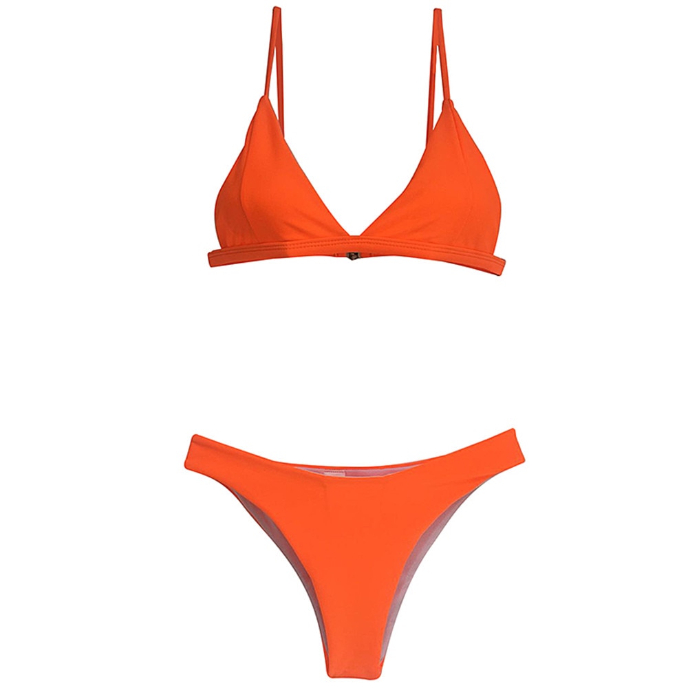 Colorful summer solid beach swimsuit by The Clothing Company Sydney featuring halter style, thong bikini bottoms in orange, pink, and yellow.