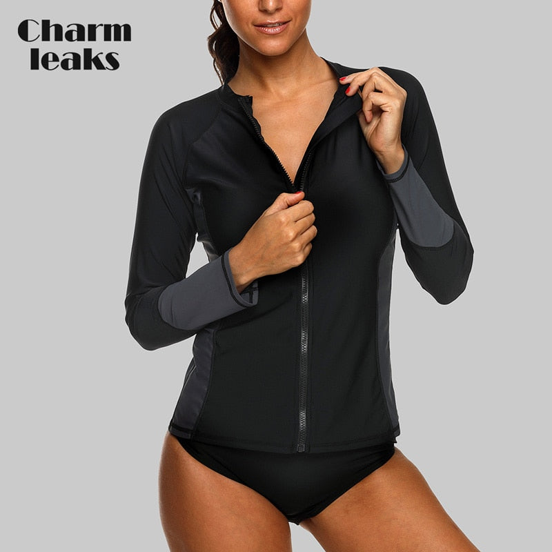 Charmleaks women's long sleeve zipper rashguard swimsuit with UPF50+, ideal for surfing, swimming, running, and biking.