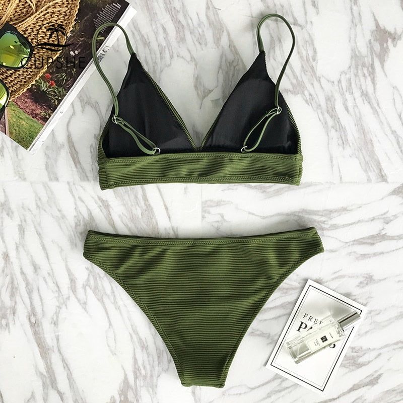 Army green solid bikini set featuring triangle top and matching bottoms, perfect for beach and swimwear occasions.