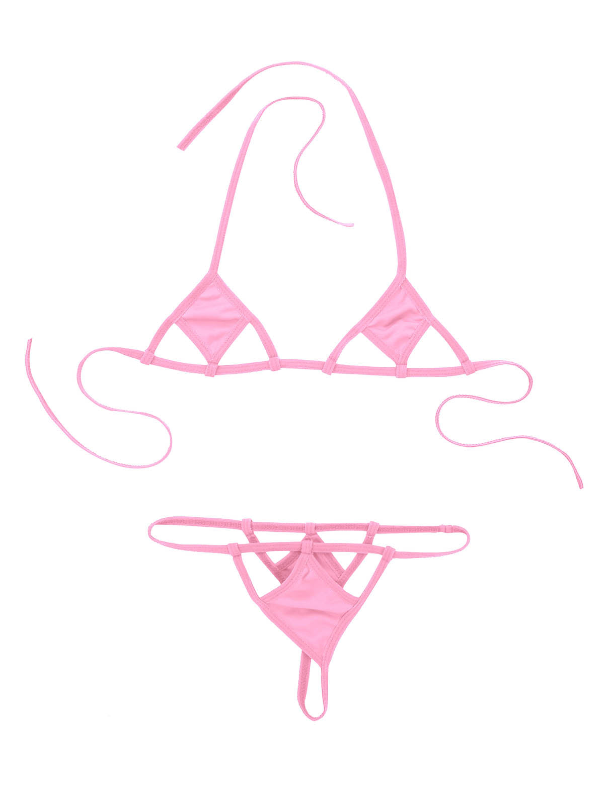 Two-piece swimsuit set featuring a halter neck micro bikini with self-tie bra top and G-string briefs, by The Clothing Company Sydney.