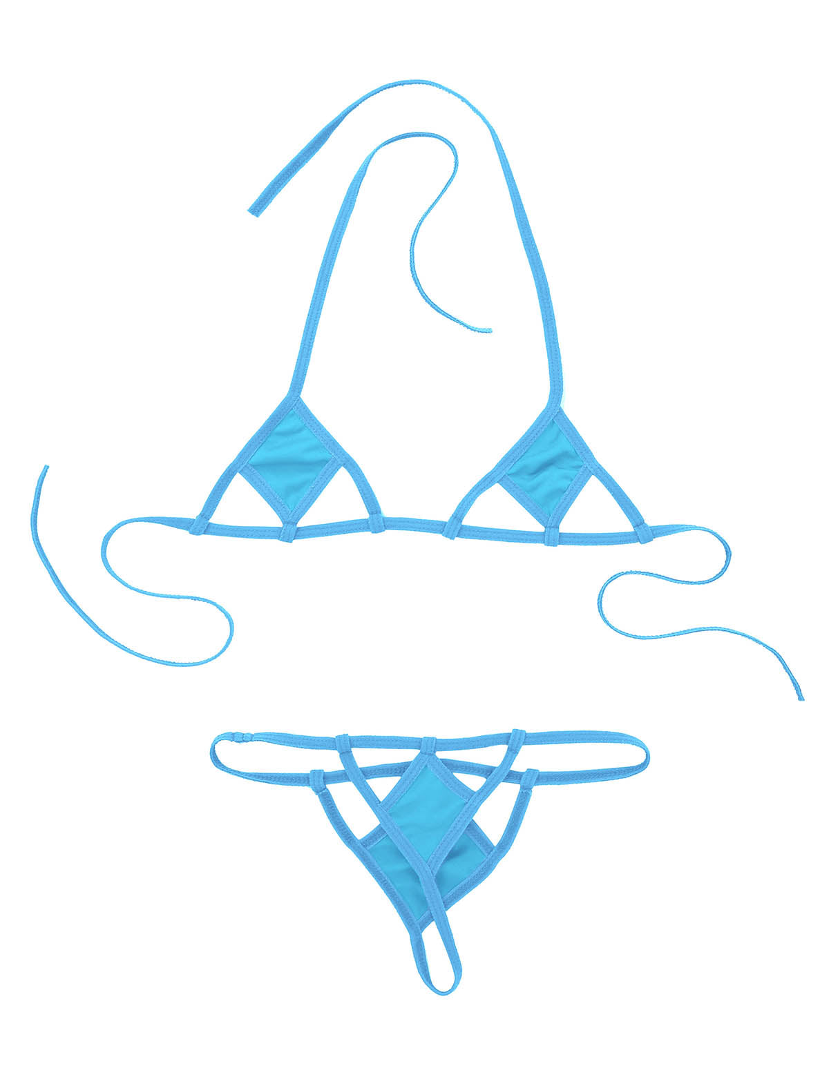 Two-piece micro bikini set with halter neck, self-tie bra top, and G-string briefs, in vibrant swimwear style by The Clothing Company Sydney.