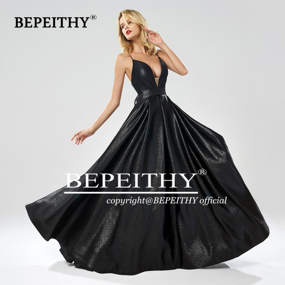 Gray deep V neck A-line wedding dress with backless design and glitter details, perfect for evening or prom parties.