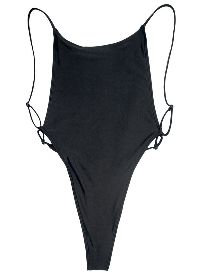 High leg cut one-piece swimsuit by The Clothing Company Sydney featuring a thong style, backless design, and Brazilian trikini swimwear look.