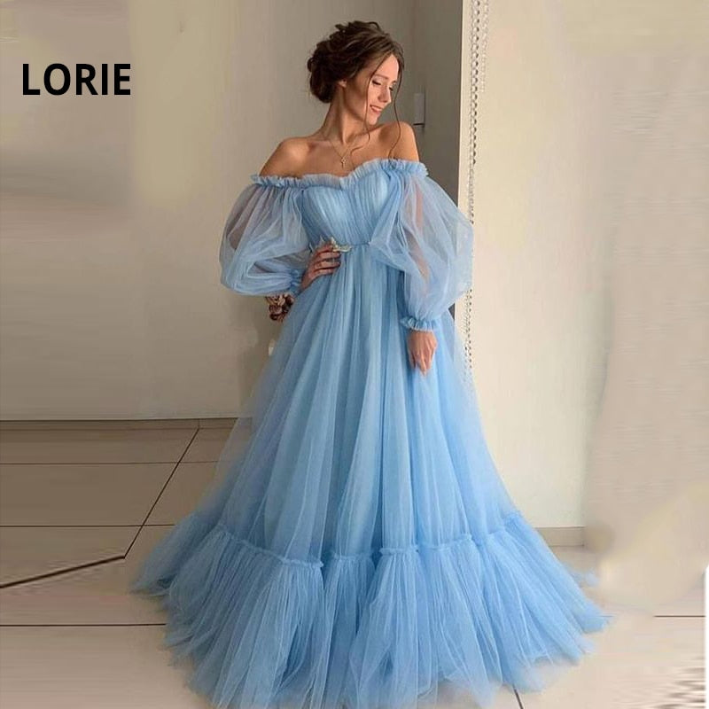 Blue long sleeve prom dress with off-the-shoulder neckline, tulle lace-up design, perfect for formal evening parties.
