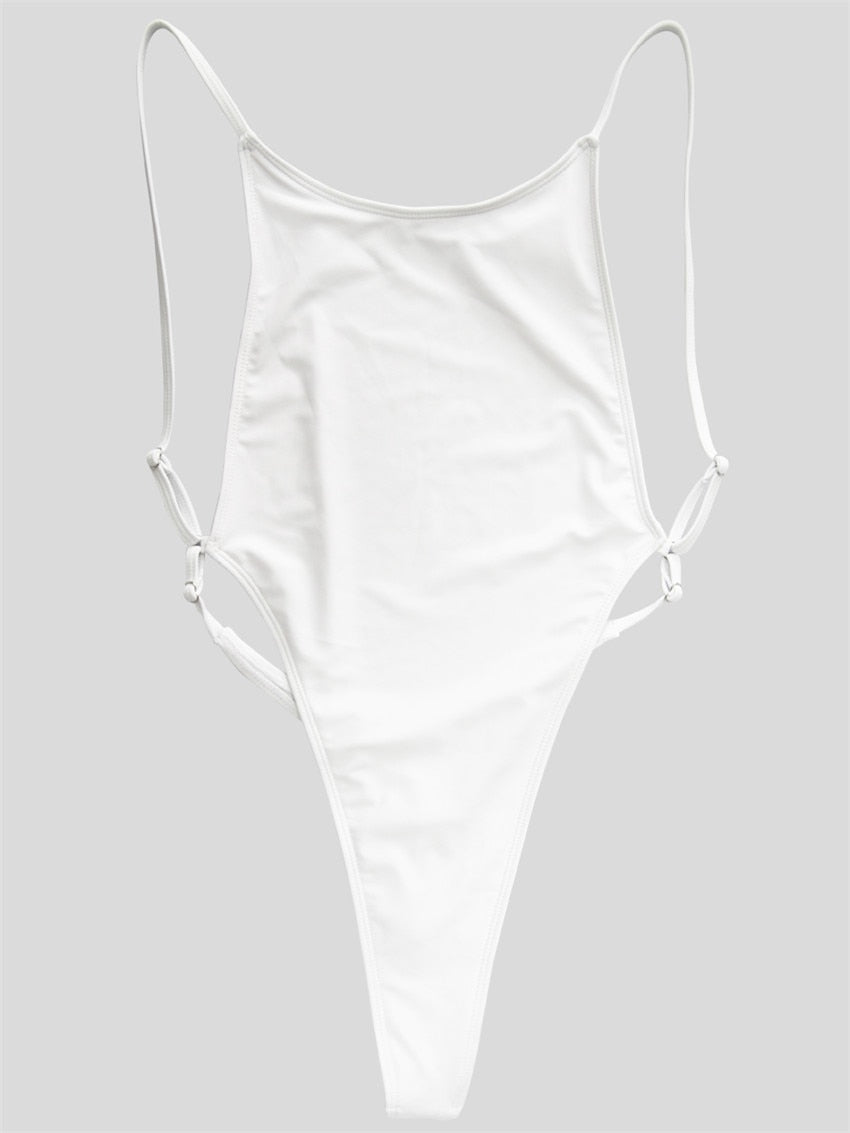 Backless high-leg one-piece swimsuit by The Clothing Company Sydney featuring thong design and Brazilian-style monokini for women.