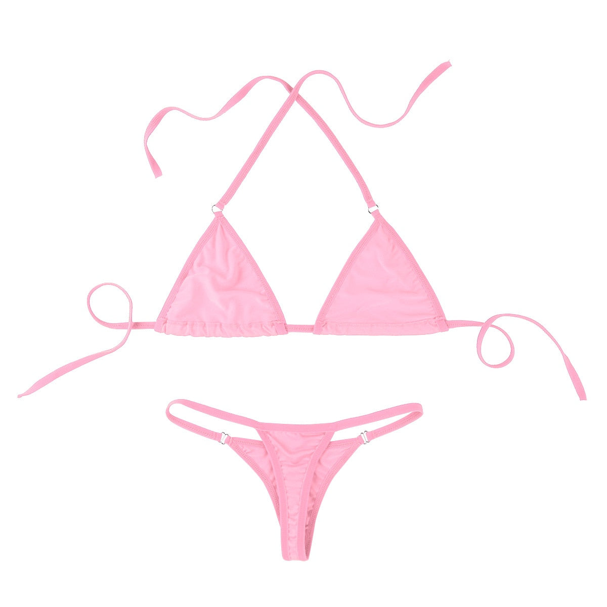 Solid color 2-piece bikini swimsuit set with halterneck mini top and thong underwear, designed by The Clothing Company Sydney.