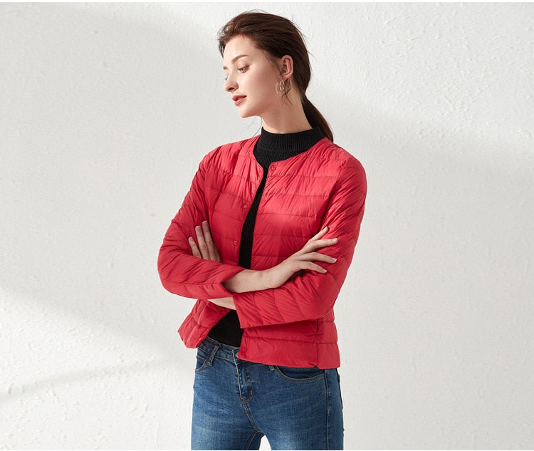 Lightweight women's down jacket with ultra-light duck down, windbreaker coat in matt fabric, stylish and warm from The Clothing Company Sydney.