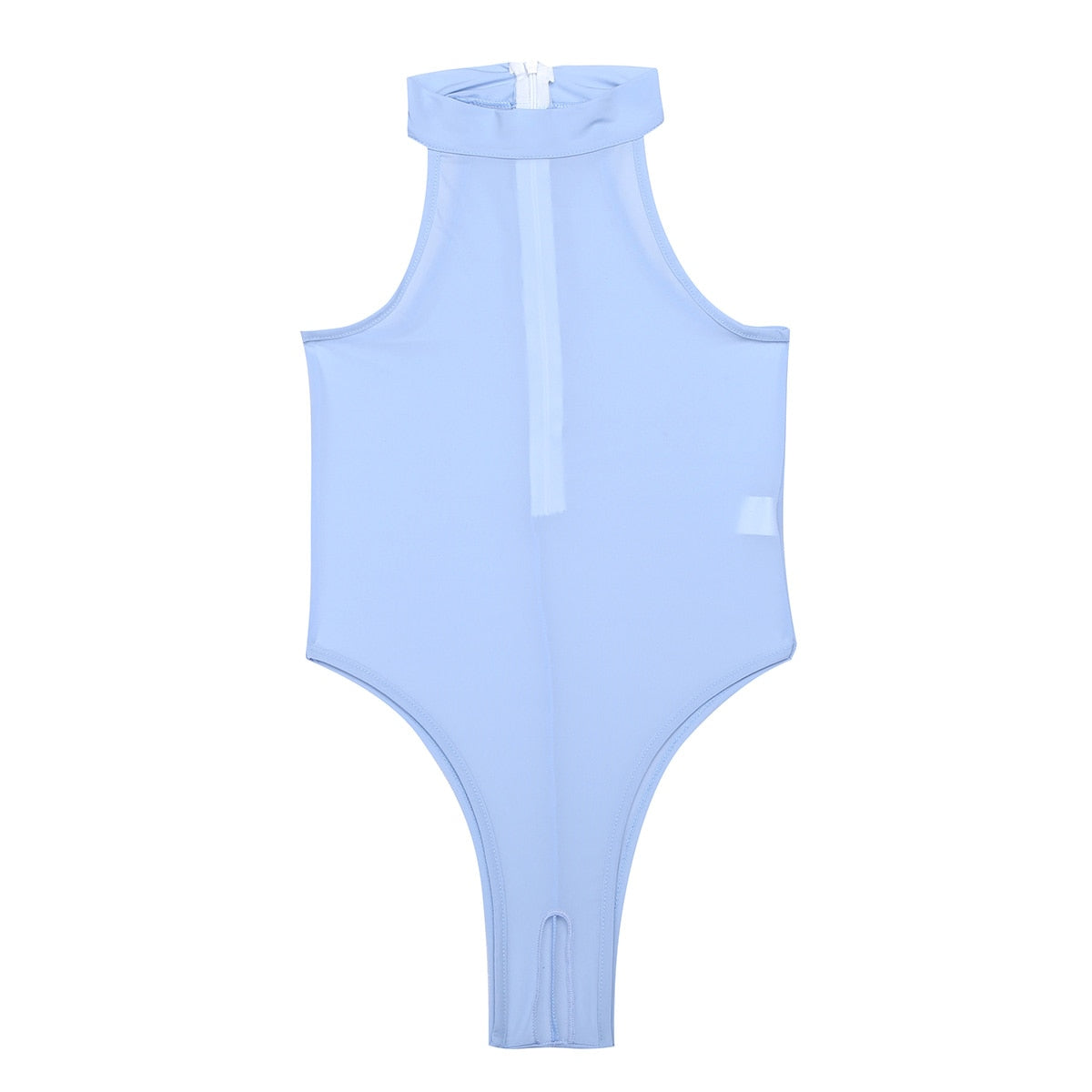Black mock neck zipper one-piece swimsuit by The Clothing Company Sydney, high-cut, sleeveless with sexy leotard-style design.