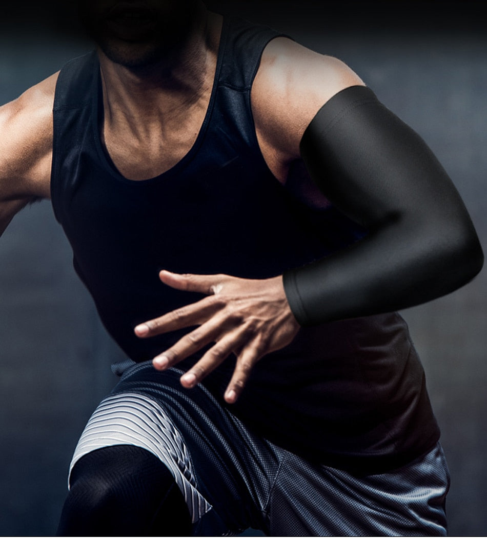 Sports arm compression sleeve by The Clothing Company Sydney, suitable for basketball, cycling, golf, and running with UV protection.