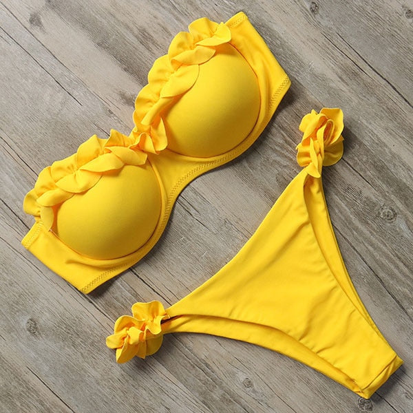 Brazilian leopard print 2-piece bandeau bikini swimwear for women with ruffle details from The Clothing Company Sydney.