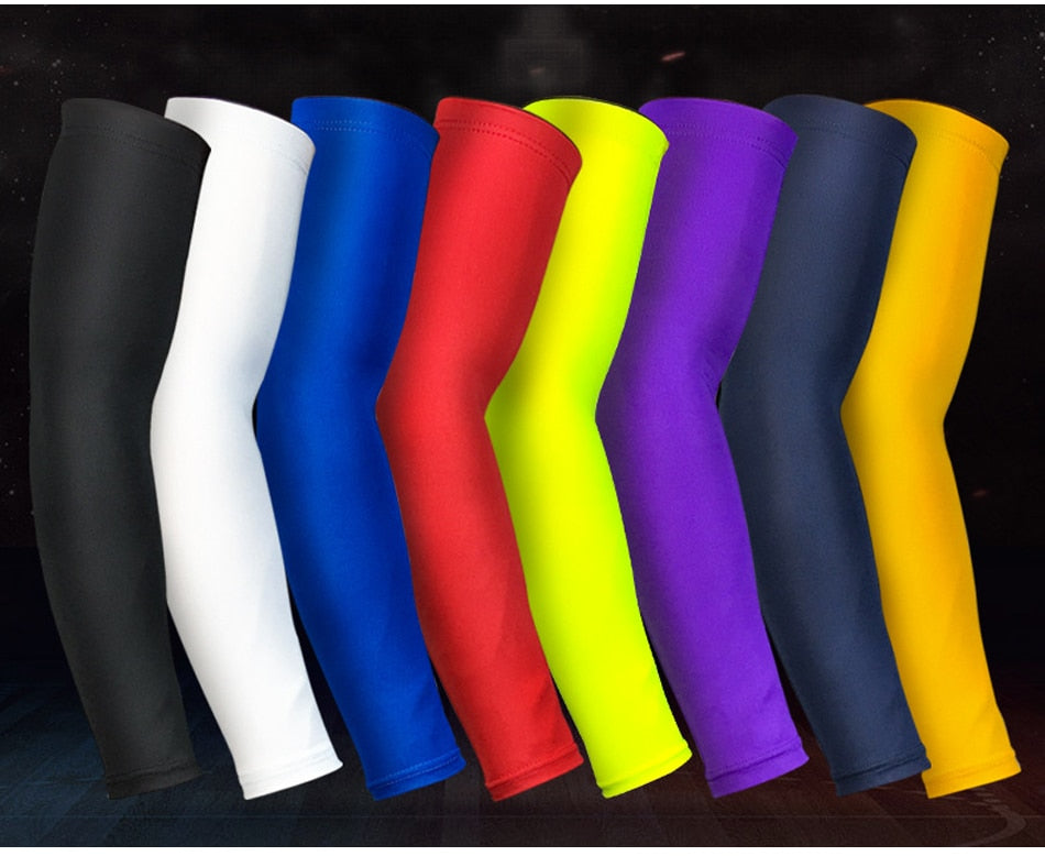 Sports arm compression sleeve by The Clothing Company Sydney, suitable for basketball, cycling, golf, running, and UV protection.