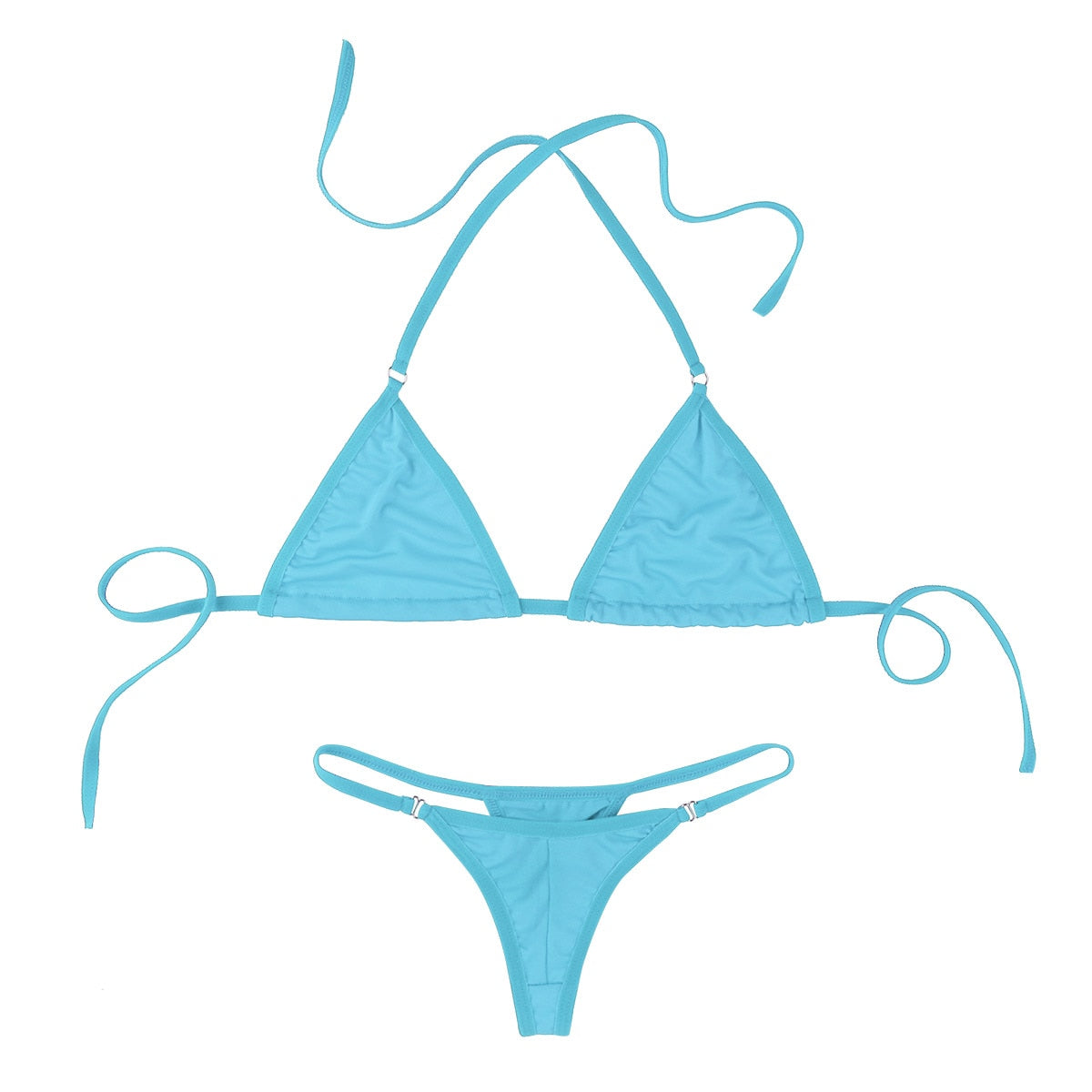 Solid color halterneck bikini set with micro bikini top and thong underwear, featuring minimal coverage and swimwear design.
