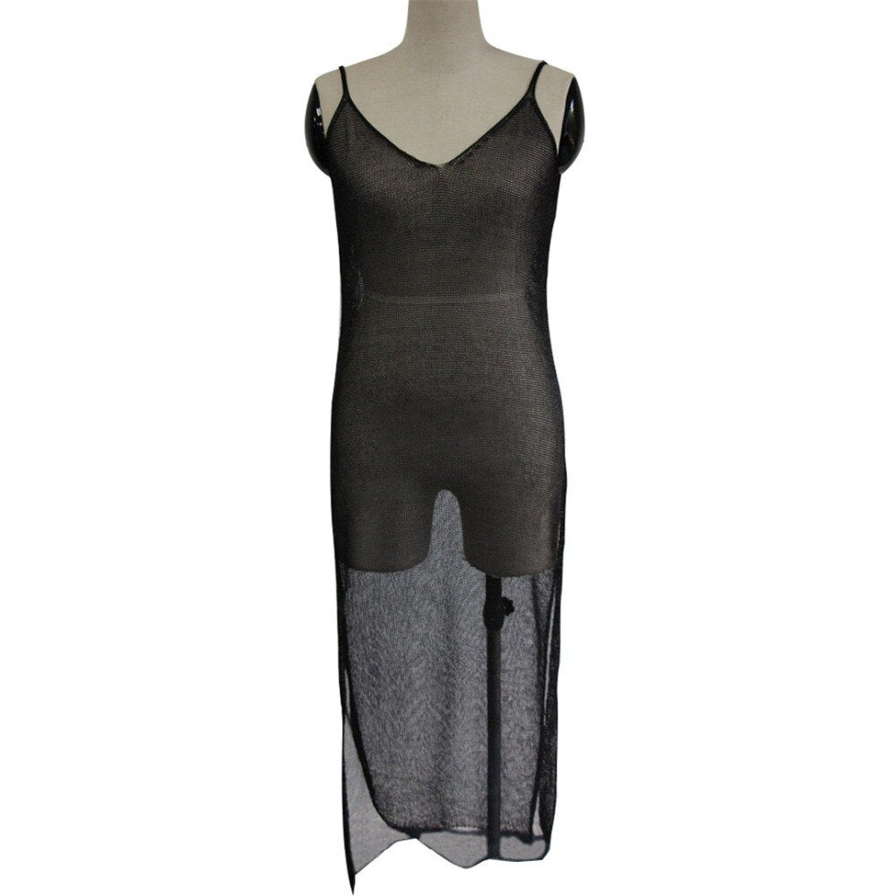 Sheer net mesh glitter swimsuit cover-up by The Clothing Company Sydney, featuring a long knitted beach dress with shimmering details.