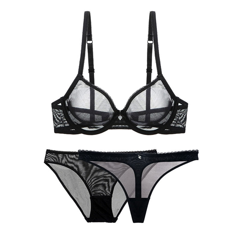 Ultra-thin cup mesh lace lingerie set with transparent unlined bra and two matching panties, plus size for women.