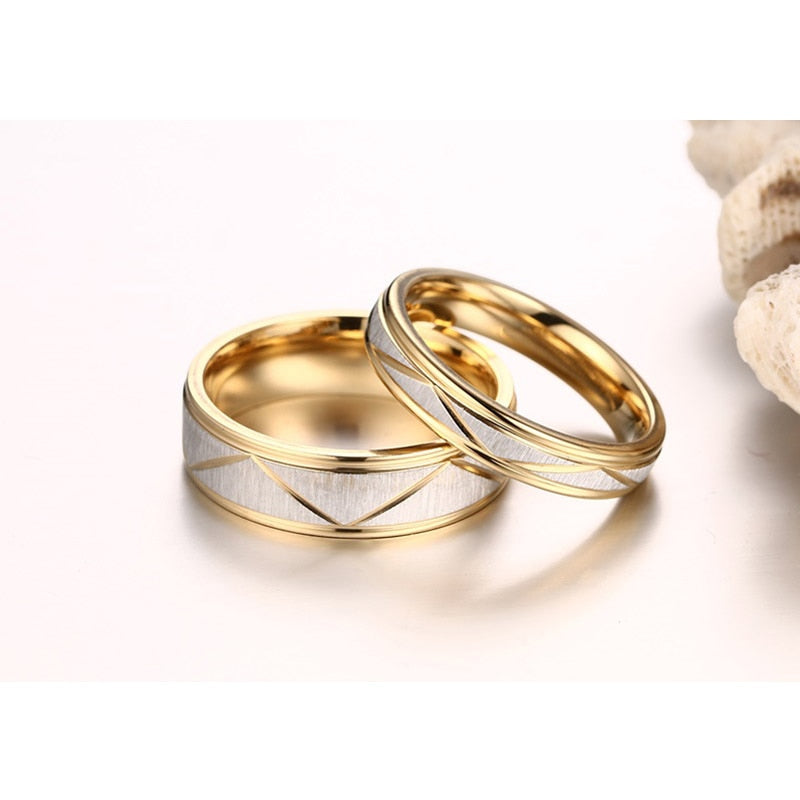 Matte finish stainless steel wedding rings for couples, gold color, engraved personalized bands, from The Clothing Company Sydney