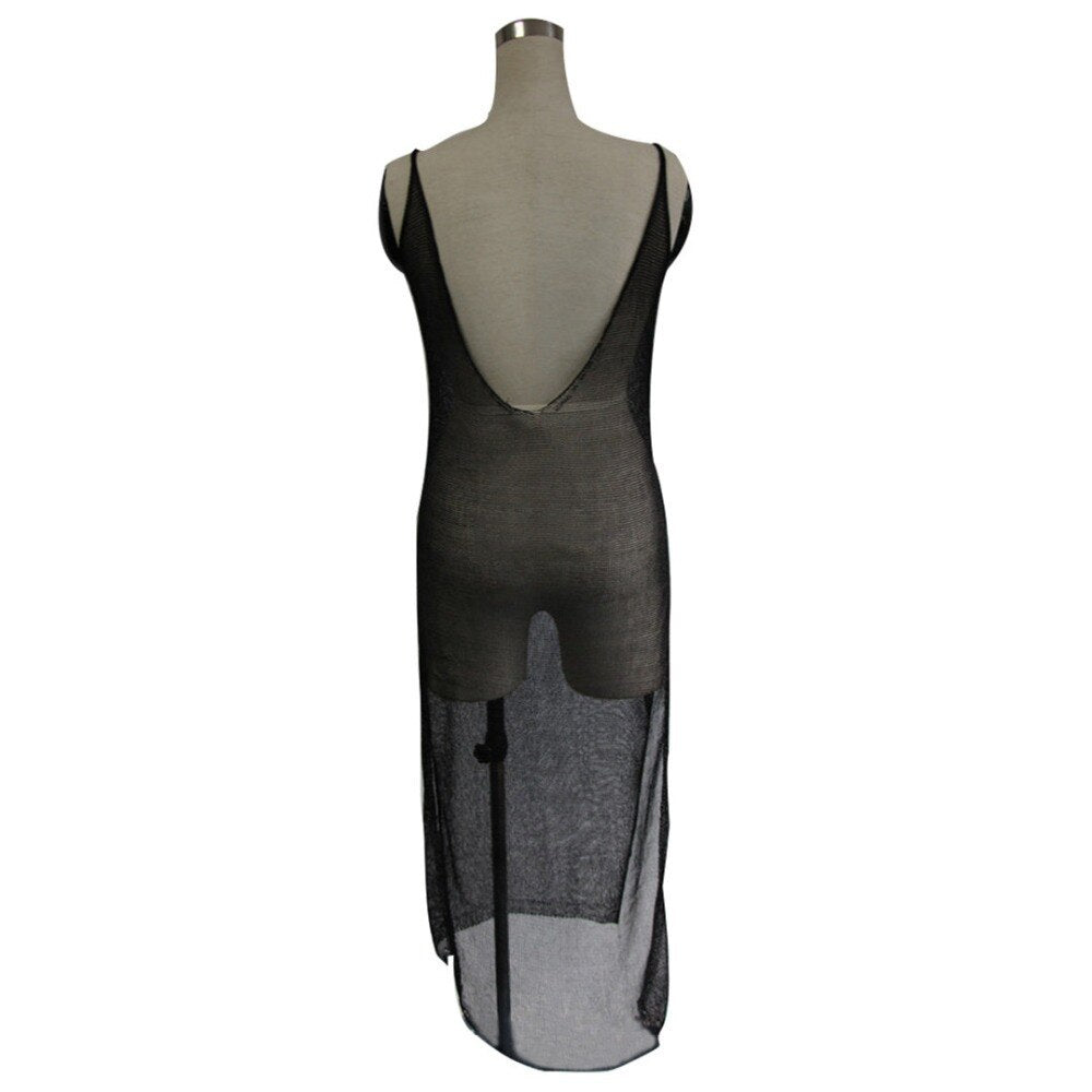 Sheer net mesh glitter tunic beach cover-up by The Clothing Company Sydney, showcasing a long, stylish beachwear dress with sparkling details.