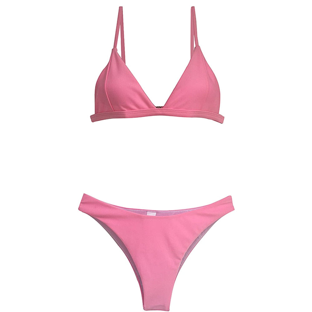Colorful halter swimsuit from The Clothing Company Sydney featuring a solid orange, pink, and yellow thong bikini set for summer beachwear.