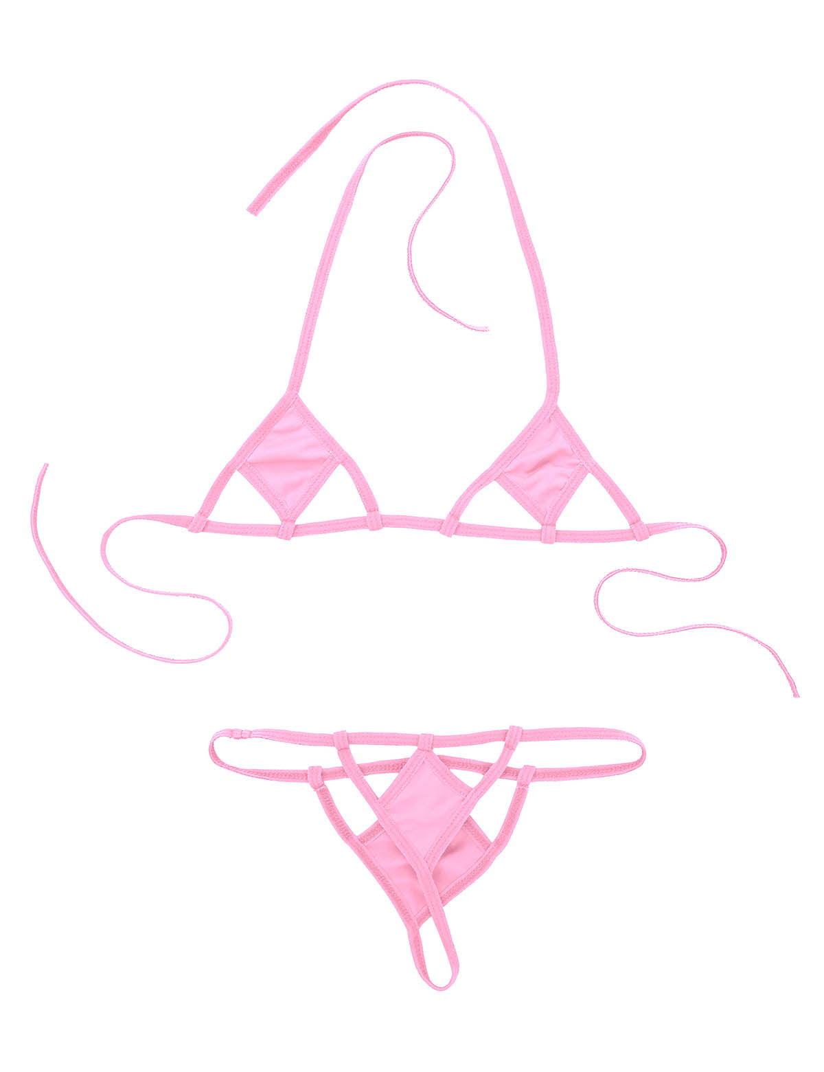 Two-piece micro bikini set with halter neck, self-tie bra top, and G-string briefs, perfect for swimming and beachwear.