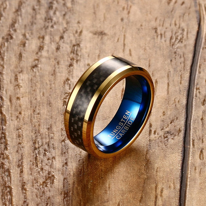 Blue tungsten carbide ring for men with black carbon fiber finish, 8mm width, scratch-resistant jewelry from The Clothing Company Sydney